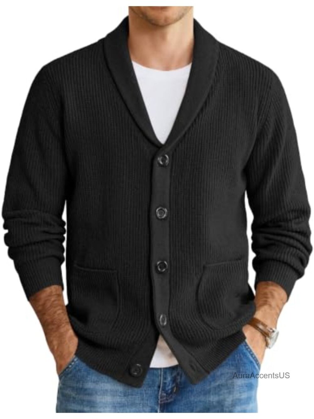 Mens Shawl Collar Cardigan Sweater Cable Knit Slim Fit Lightweight